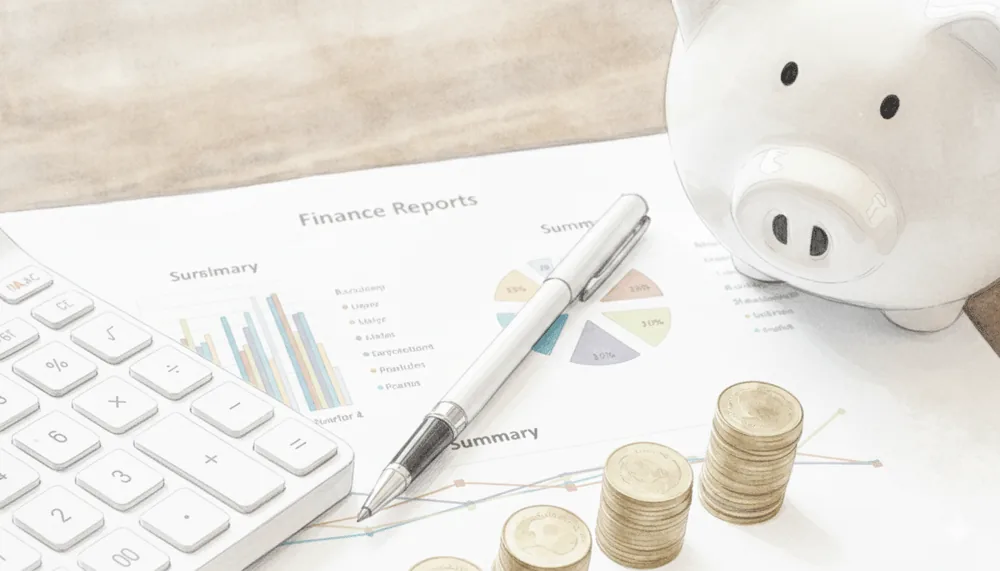 Aquarelle : tirelire, pièces et rapport financier