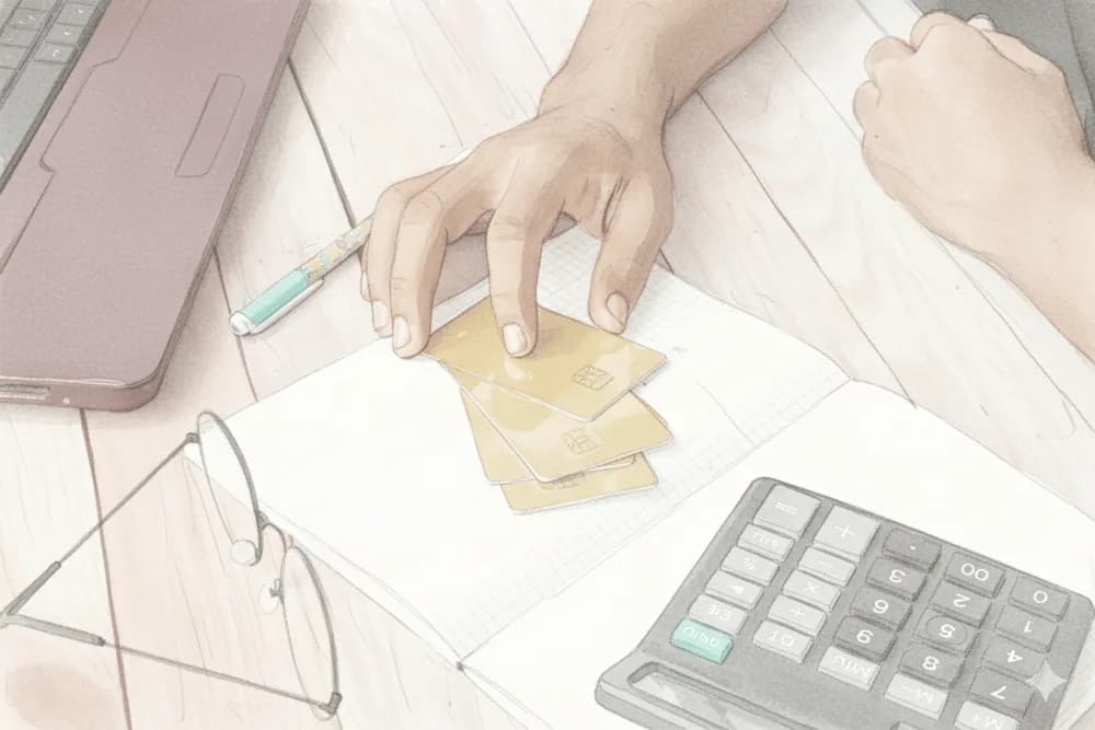 Aquarelle : cartes bancaires et calculatrice sur un bureau