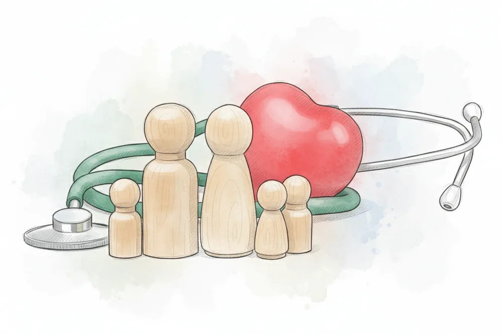 Aquarelle : une famille de figurines de bois, un cœur et un stéthoscope