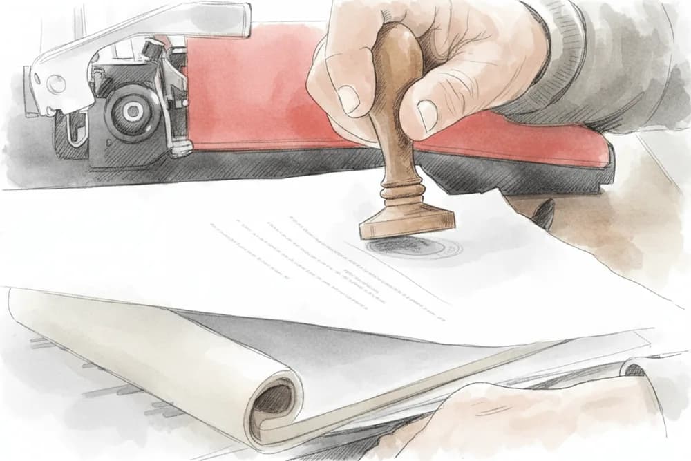 Aquarelle : un tampon apposé sur un acte notarié