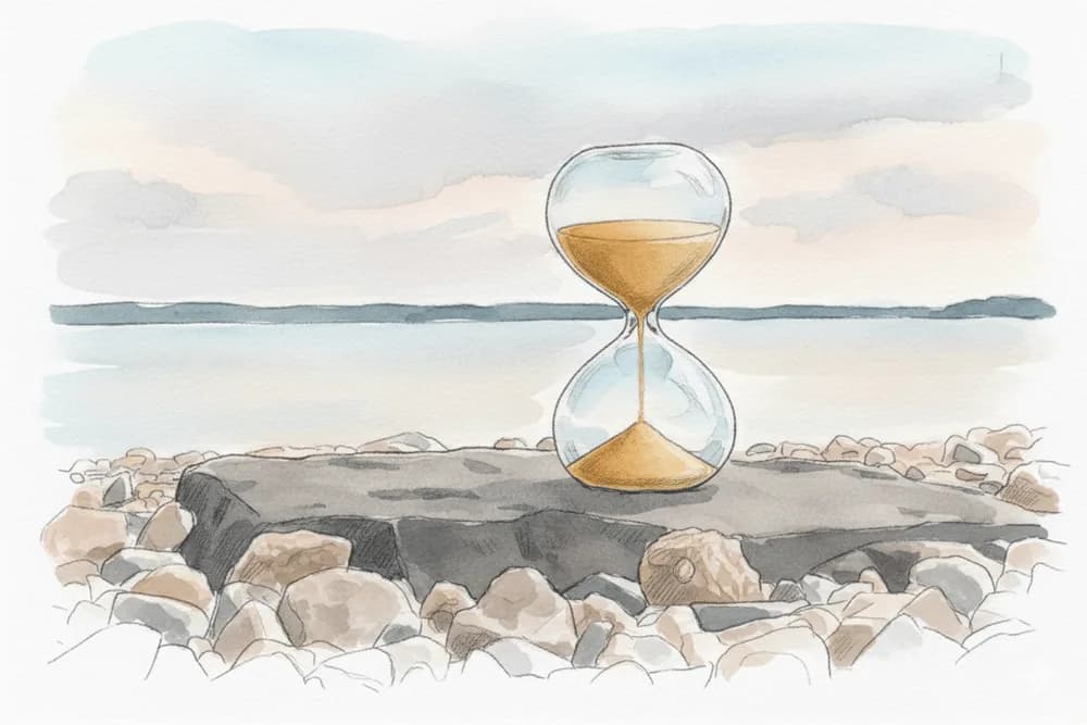Aquarelle : un sablier posé sur des rochers au bord de l’eau