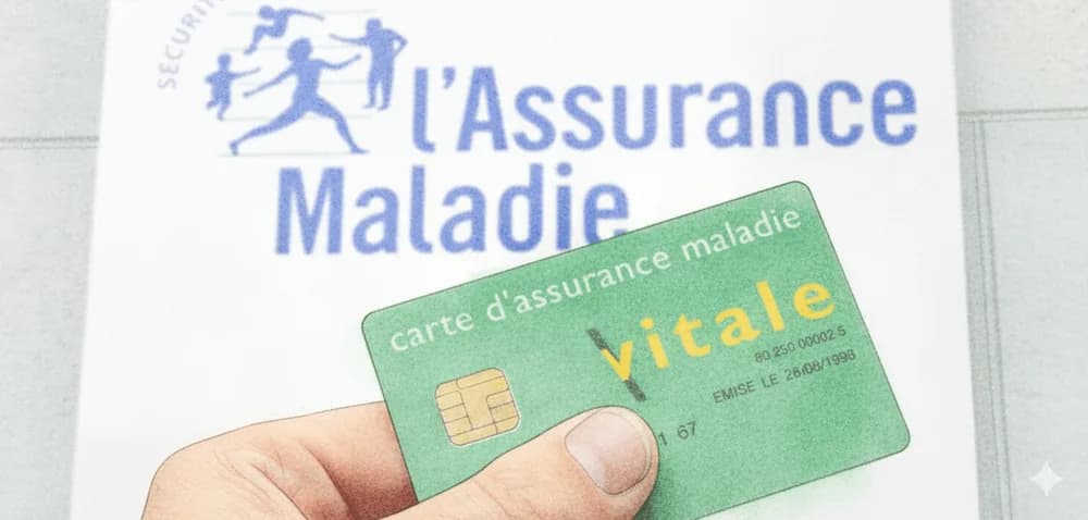 Une carte Vitale tenue devant un courrier de l’Assurance Maladie