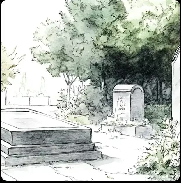 Aquarelle : sépultures dans un cimetière arboré