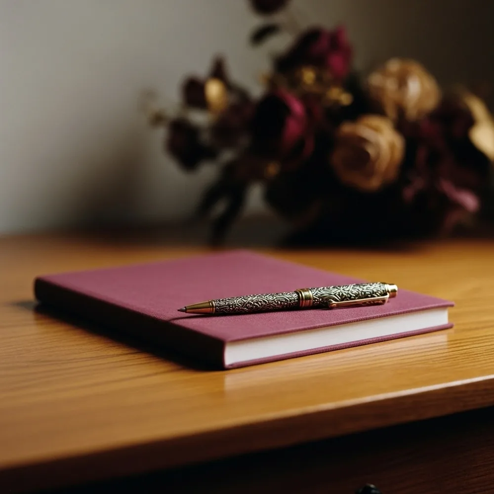 Un carnet bordeaux et un stylo posés sur un bureau, devant un bouquet séché